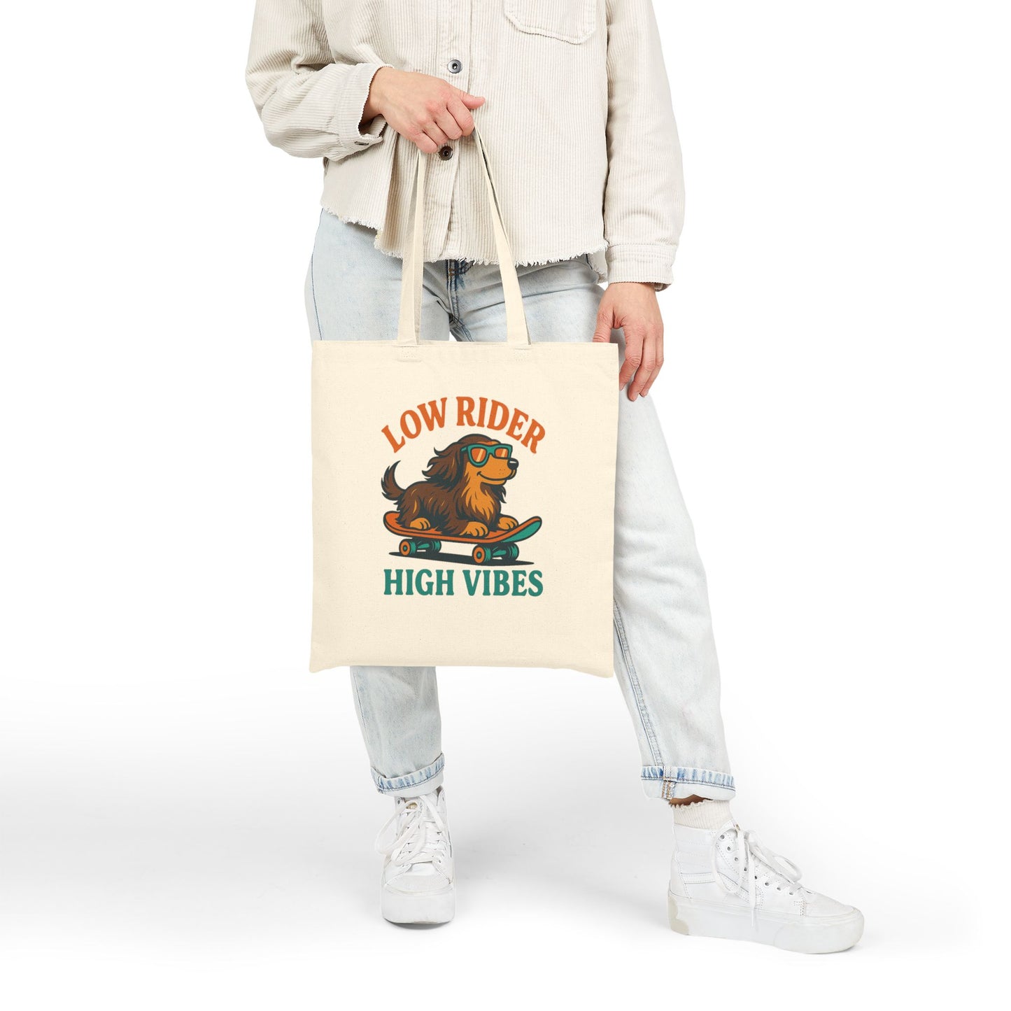 Low Rider High Vibes Tote Bag – Retro Dachshund Canvas Tote for Dog Lovers