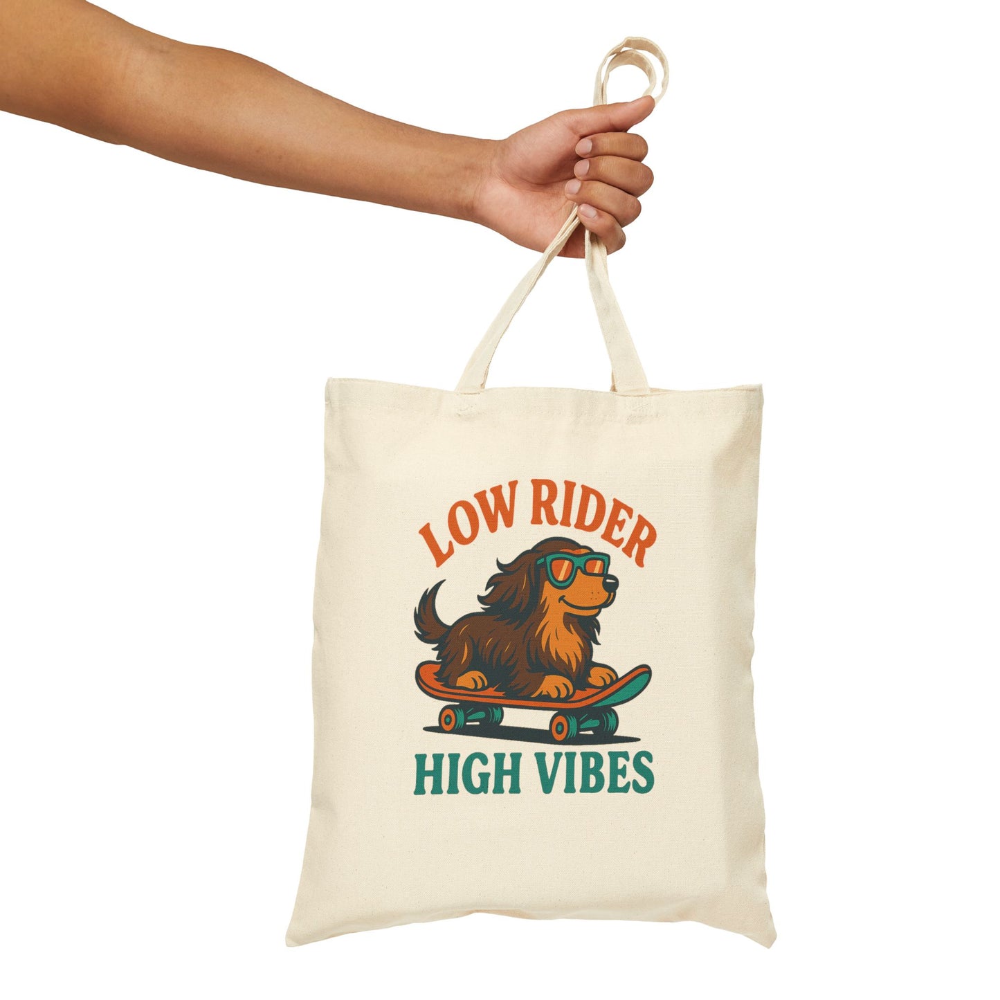 Low Rider High Vibes Tote Bag – Retro Dachshund Canvas Tote for Dog Lovers