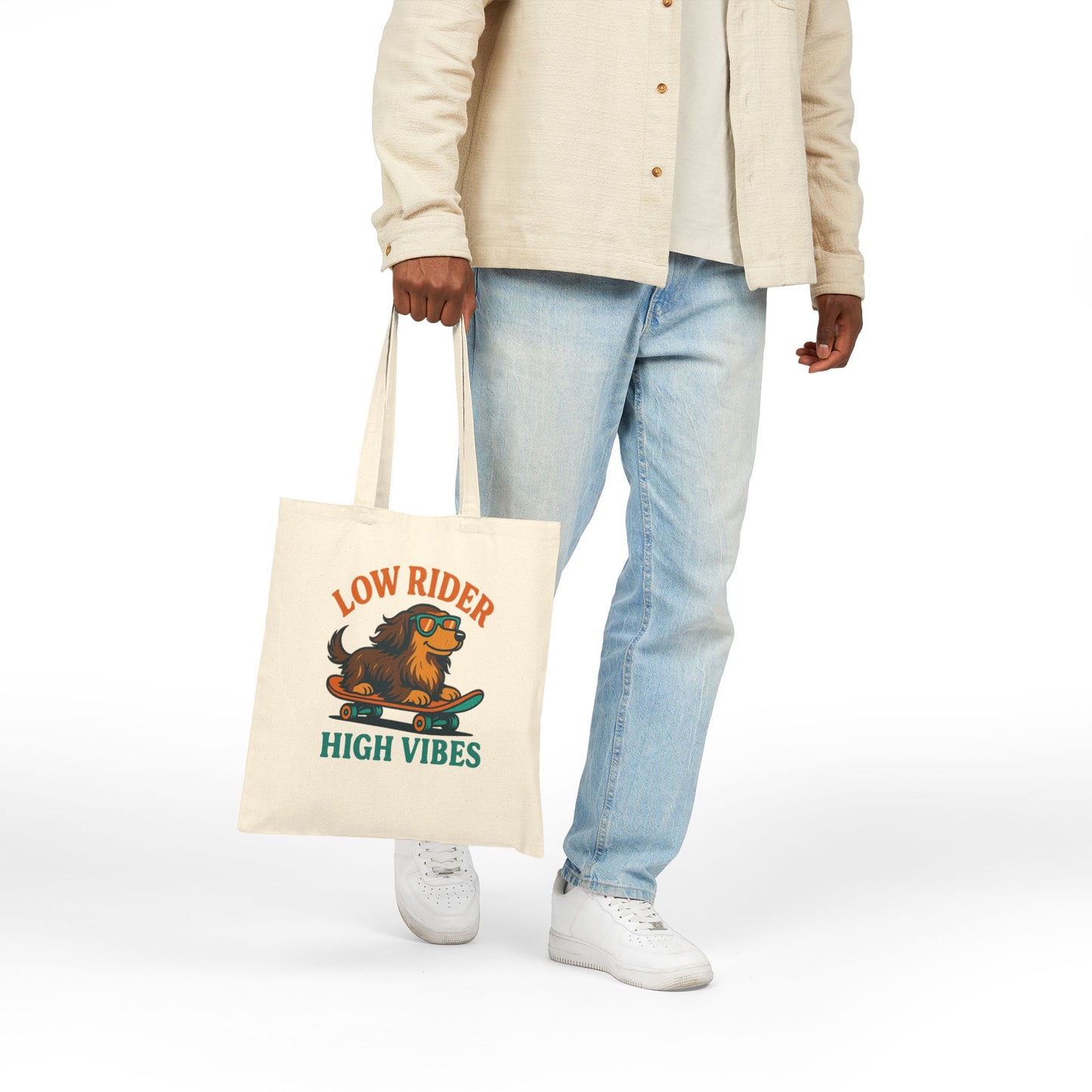 Low Rider High Vibes Tote Bag – Retro Dachshund Canvas Tote for Dog Lovers