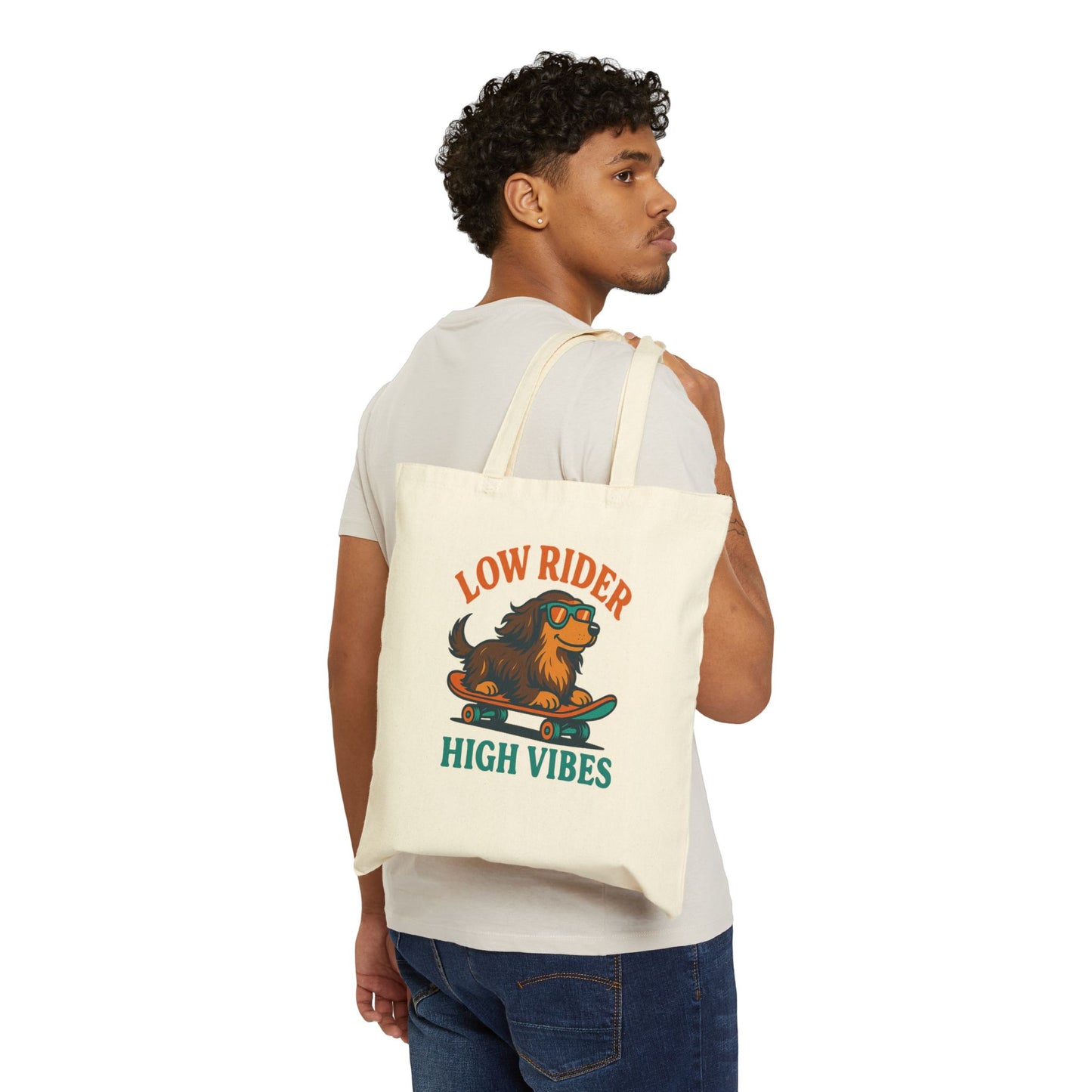 Low Rider High Vibes Tote Bag – Retro Dachshund Canvas Tote for Dog Lovers