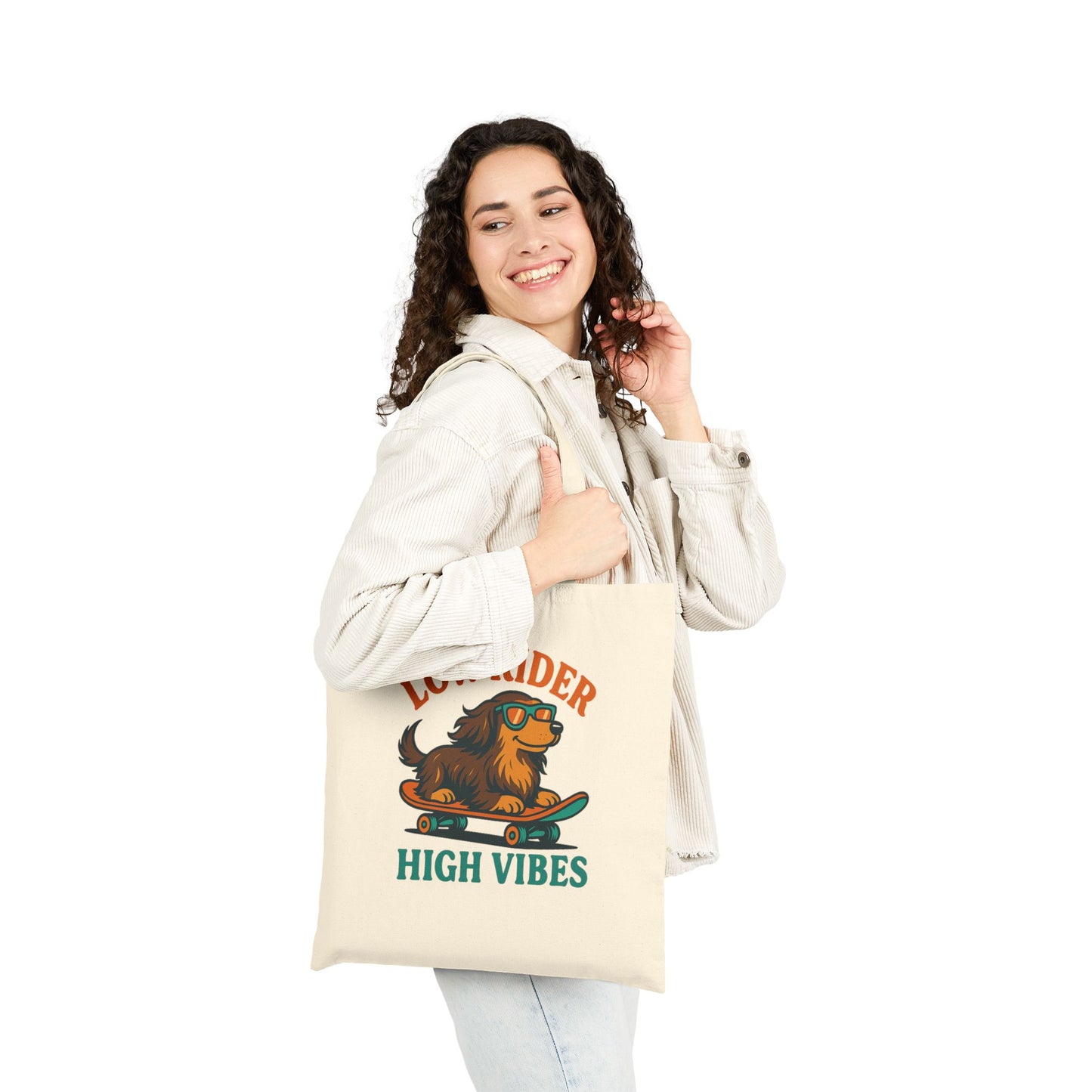 Low Rider High Vibes Tote Bag – Retro Dachshund Canvas Tote for Dog Lovers