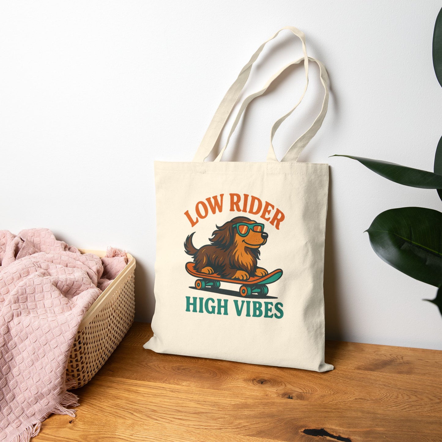 Low Rider High Vibes Tote Bag – Retro Dachshund Canvas Tote for Dog Lovers