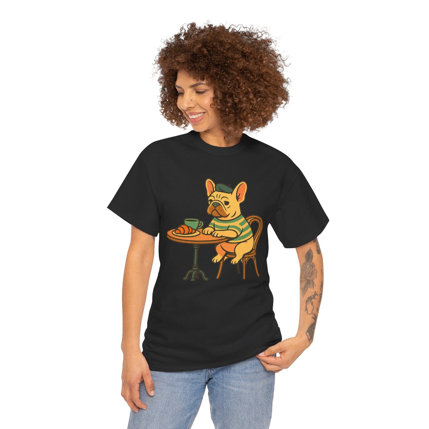 Bonjour Bark – French Bulldog Café Vibes, Vintage-Inspired Coffee Dog Tee, Perfect for Dog Lovers, Cafes, Birthdays, and Everyday Comfort, Unisex Cotton Shirt, Cute and Whimsical