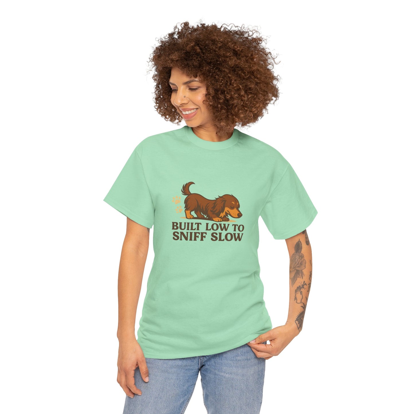 Built Low to Sniff Slow Unisex Heavy Cotton Tee - Cute Pet Shirt, Animal Tee, Dog Dad Apparel, Gift for Dog Owners