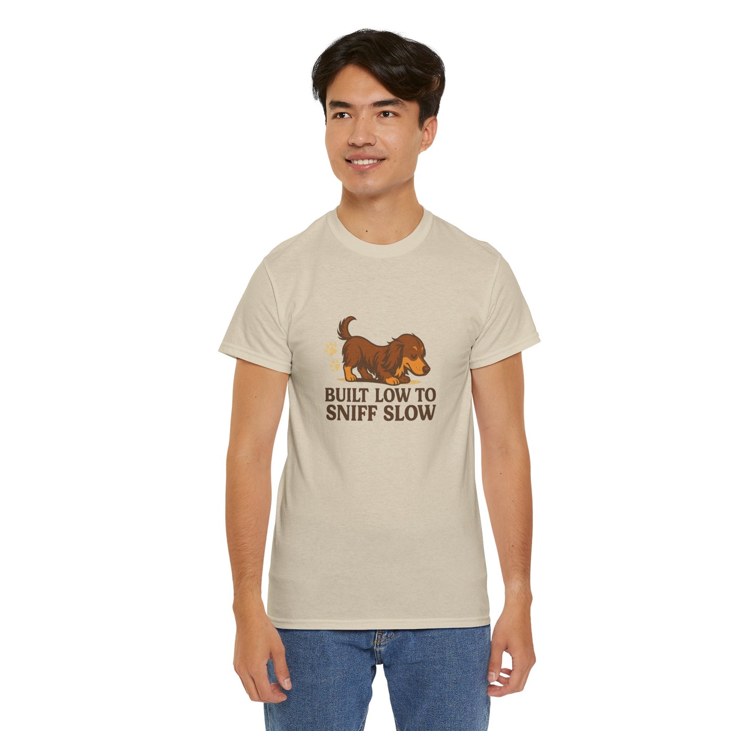 Built Low to Sniff Slow Unisex Heavy Cotton Tee - Cute Pet Shirt, Animal Tee, Dog Dad Apparel, Gift for Dog Owners