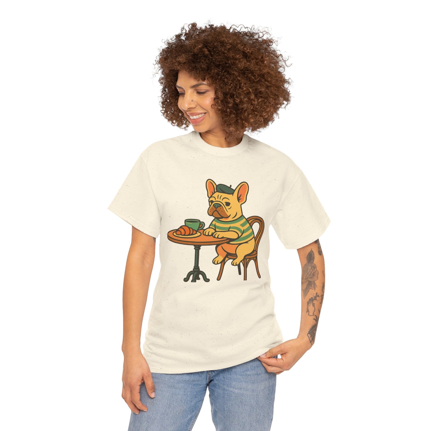 Bonjour Bark – French Bulldog Café Vibes, Vintage-Inspired Coffee Dog Tee, Perfect for Dog Lovers, Cafes, Birthdays, and Everyday Comfort, Unisex Cotton Shirt, Cute and Whimsical