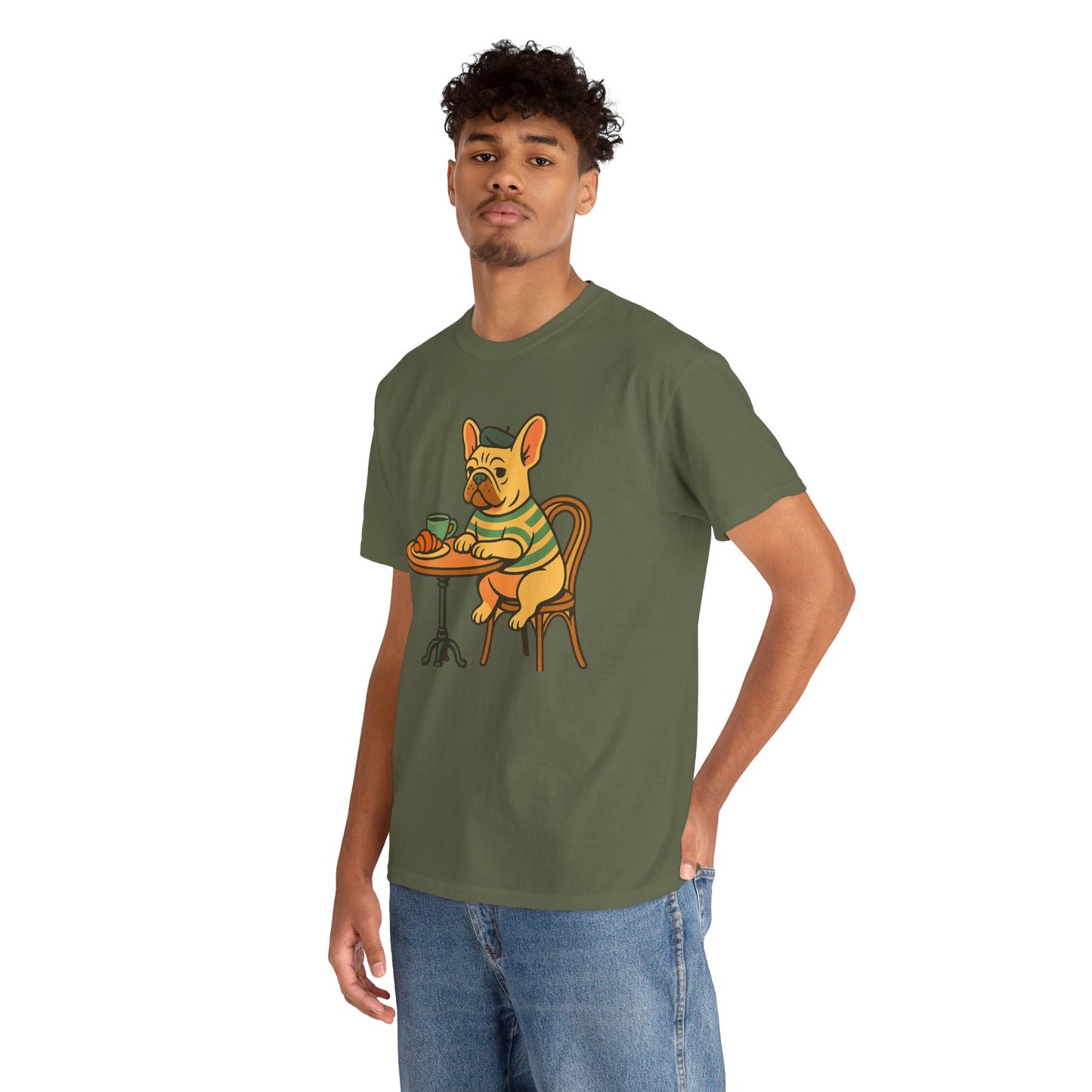 Bonjour Bark – French Bulldog Café Vibes, Vintage-Inspired Coffee Dog Tee, Perfect for Dog Lovers, Cafes, Birthdays, and Everyday Comfort, Unisex Cotton Shirt, Cute and Whimsical