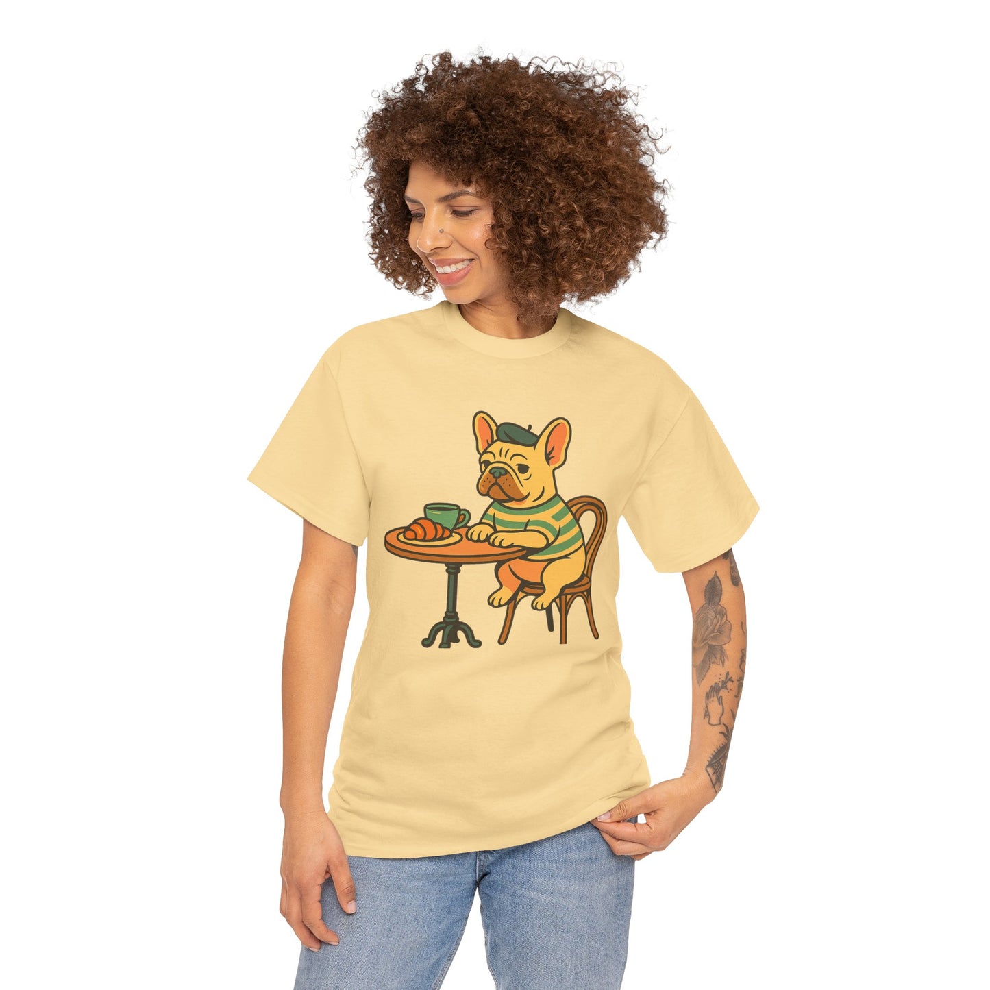 Bonjour Bark – French Bulldog Café Vibes, Vintage-Inspired Coffee Dog Tee, Perfect for Dog Lovers, Cafes, Birthdays, and Everyday Comfort, Unisex Cotton Shirt, Cute and Whimsical