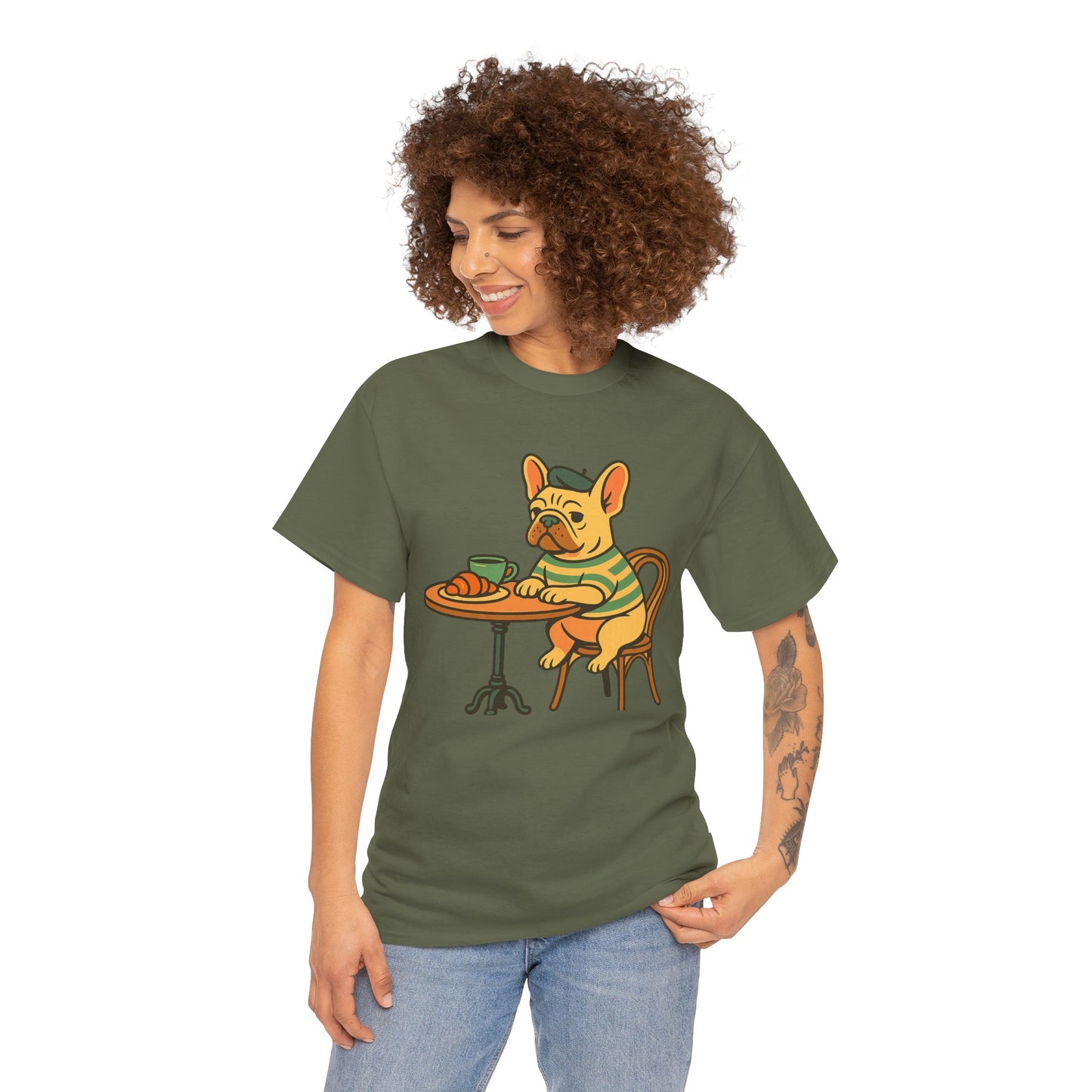 Bonjour Bark – French Bulldog Café Vibes, Vintage-Inspired Coffee Dog Tee, Perfect for Dog Lovers, Cafes, Birthdays, and Everyday Comfort, Unisex Cotton Shirt, Cute and Whimsical