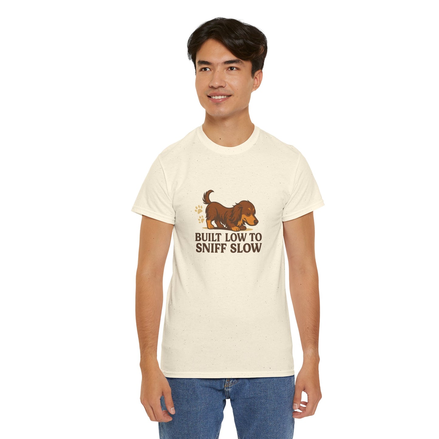 Built Low to Sniff Slow Unisex Heavy Cotton Tee - Cute Pet Shirt, Animal Tee, Dog Dad Apparel, Gift for Dog Owners