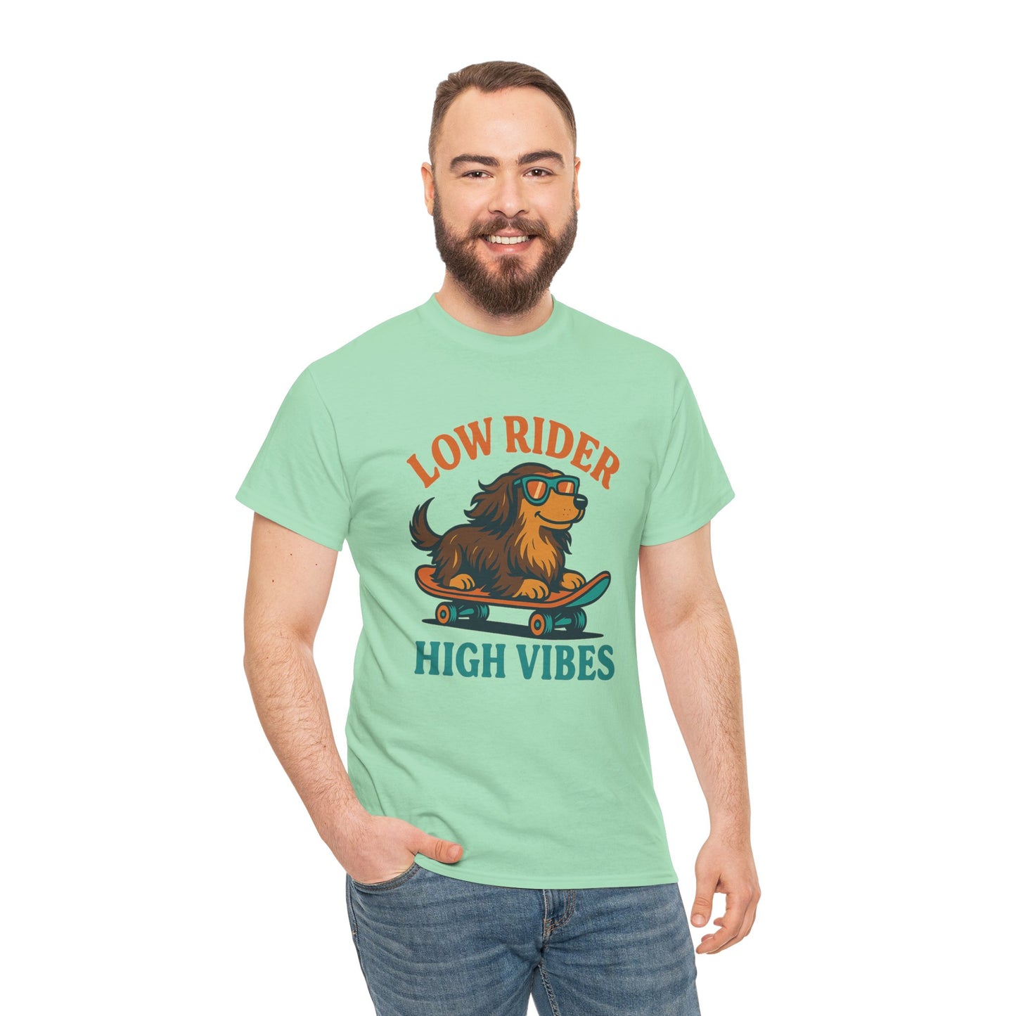 Low Rider High Vibes Dachshund Tee – Cool Dog Skateboard Shirt for Pet Lovers
