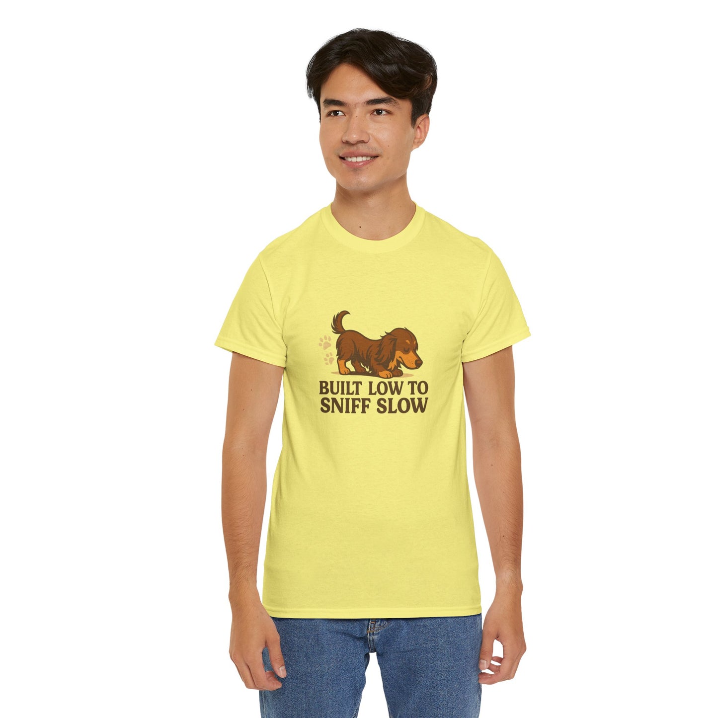 Built Low to Sniff Slow Unisex Heavy Cotton Tee - Cute Pet Shirt, Animal Tee, Dog Dad Apparel, Gift for Dog Owners