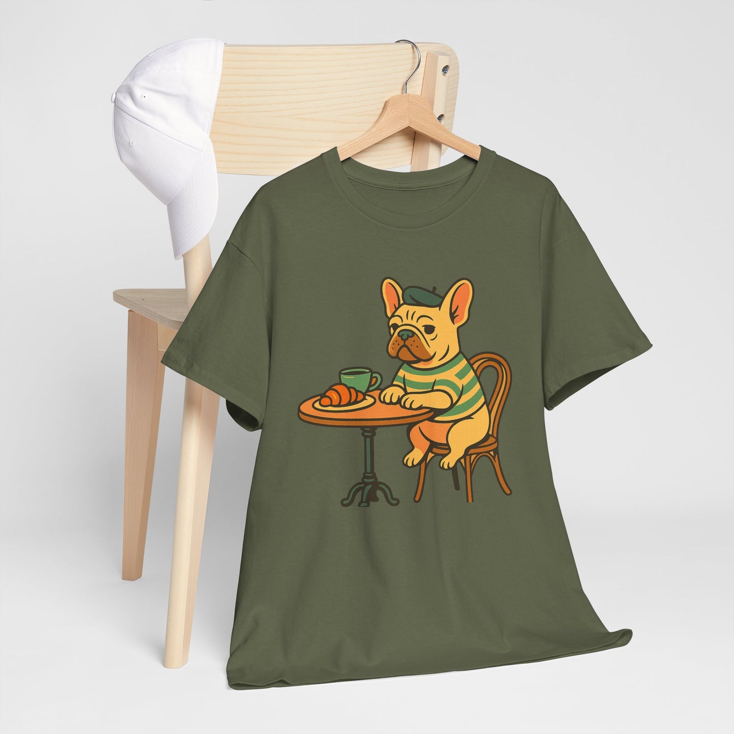 Bonjour Bark – French Bulldog Café Vibes, Vintage-Inspired Coffee Dog Tee, Perfect for Dog Lovers, Cafes, Birthdays, and Everyday Comfort, Unisex Cotton Shirt, Cute and Whimsical