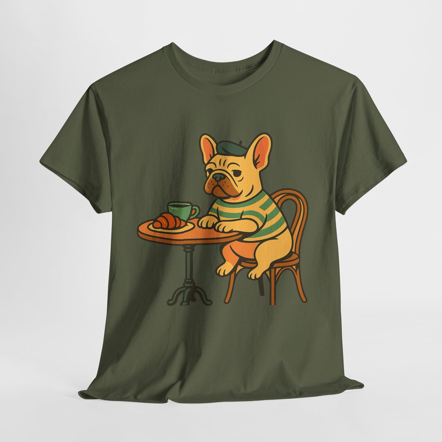 Bonjour Bark – French Bulldog Café Vibes, Vintage-Inspired Coffee Dog Tee, Perfect for Dog Lovers, Cafes, Birthdays, and Everyday Comfort, Unisex Cotton Shirt, Cute and Whimsical