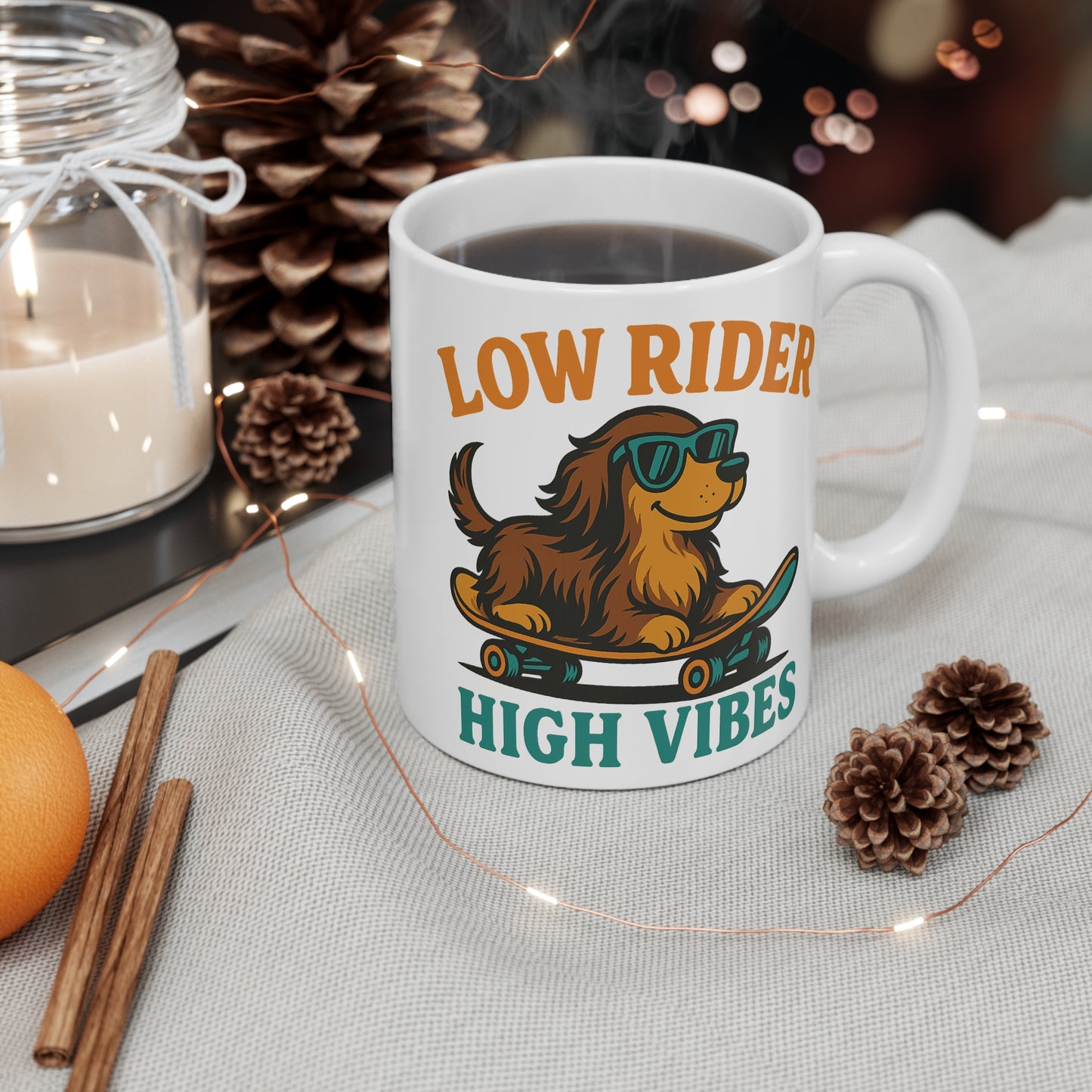 Low Rider High Vibes Mug – Skateboarding Dachshund Coffee Cup