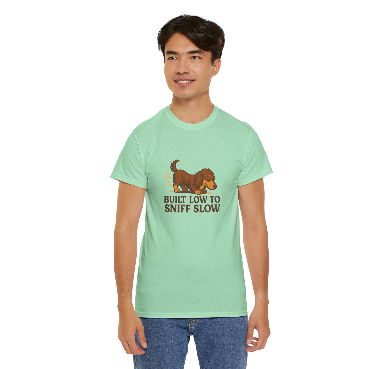 Built Low to Sniff Slow Unisex Heavy Cotton Tee - Cute Pet Shirt, Animal Tee, Dog Dad Apparel, Gift for Dog Owners