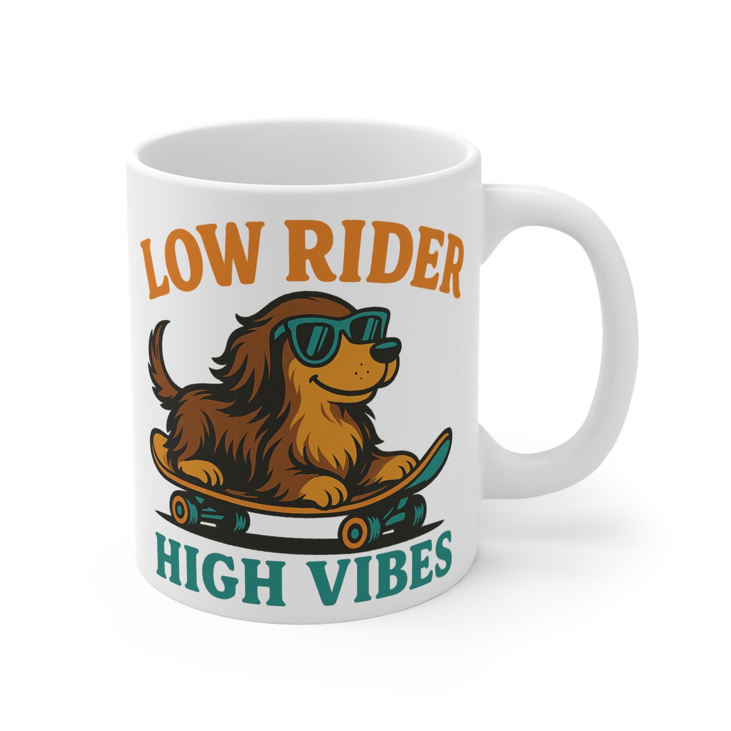 Low Rider High Vibes Mug – Skateboarding Dachshund Coffee Cup