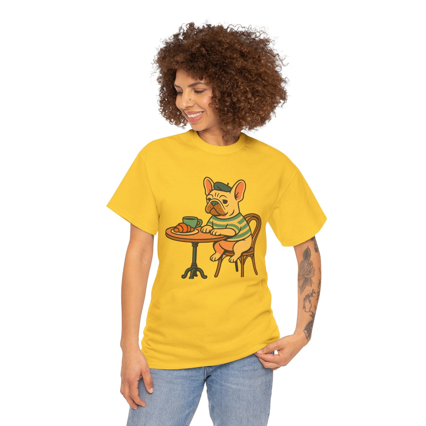 Bonjour Bark – French Bulldog Café Vibes, Vintage-Inspired Coffee Dog Tee, Perfect for Dog Lovers, Cafes, Birthdays, and Everyday Comfort, Unisex Cotton Shirt, Cute and Whimsical