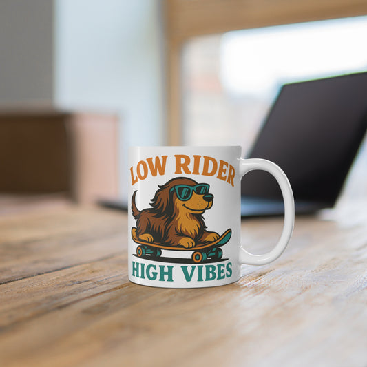 Low Rider High Vibes Mug – Skateboarding Dachshund Coffee Cup