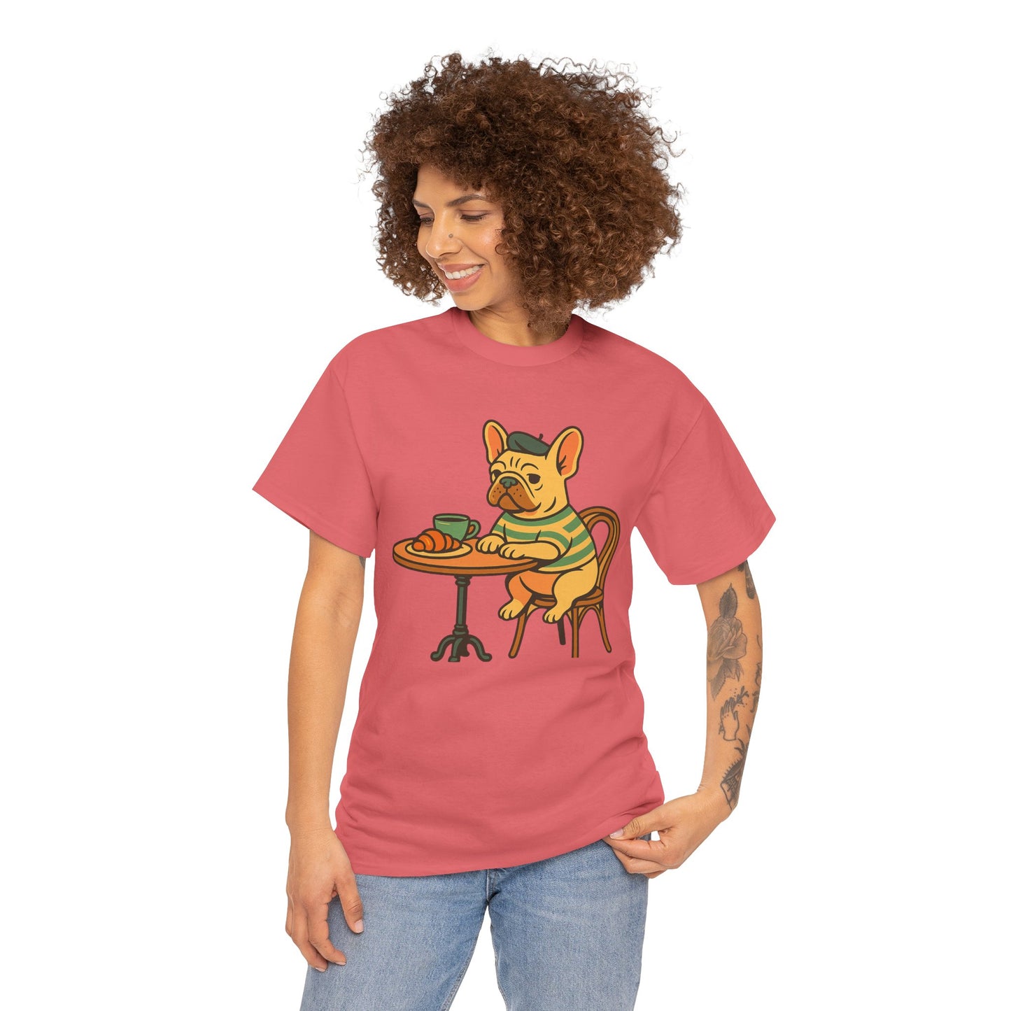 Bonjour Bark – French Bulldog Café Vibes, Vintage-Inspired Coffee Dog Tee, Perfect for Dog Lovers, Cafes, Birthdays, and Everyday Comfort, Unisex Cotton Shirt, Cute and Whimsical