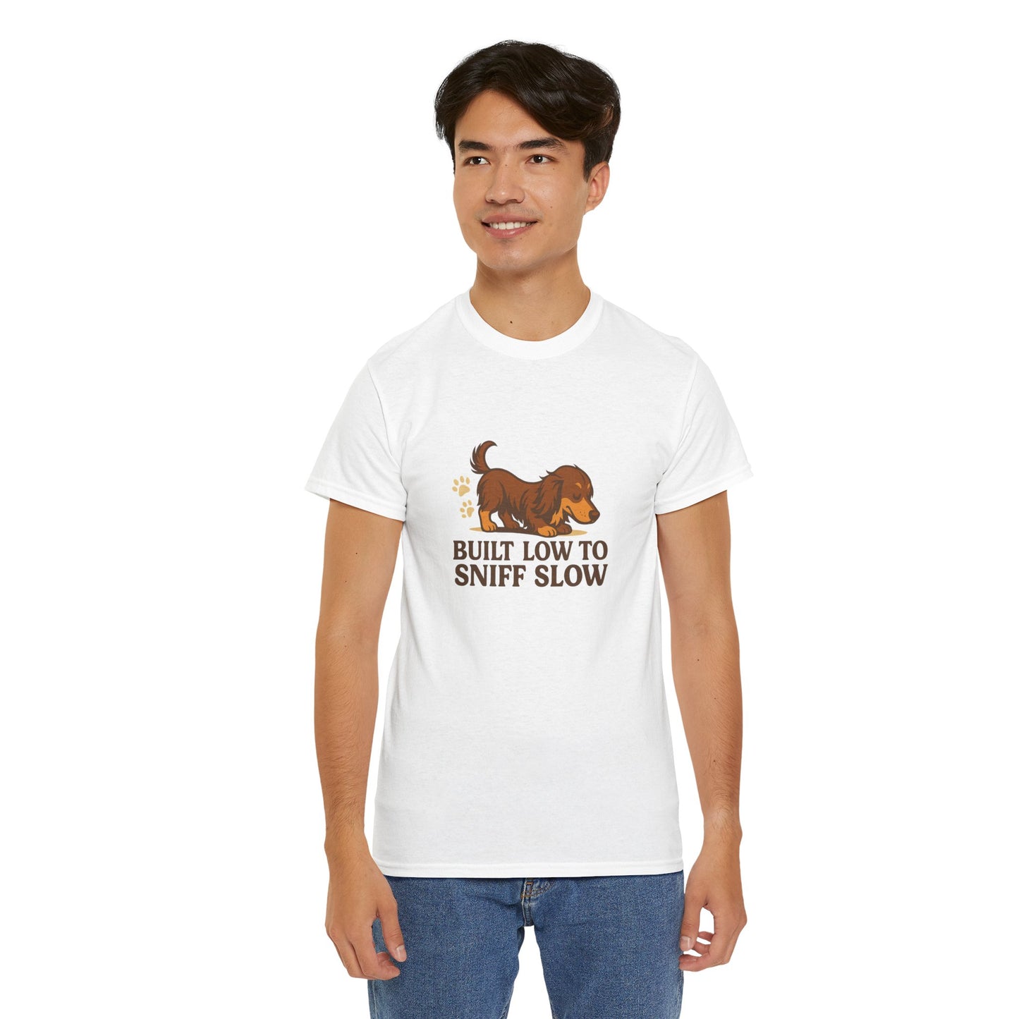 Built Low to Sniff Slow Unisex Heavy Cotton Tee - Cute Pet Shirt, Animal Tee, Dog Dad Apparel, Gift for Dog Owners