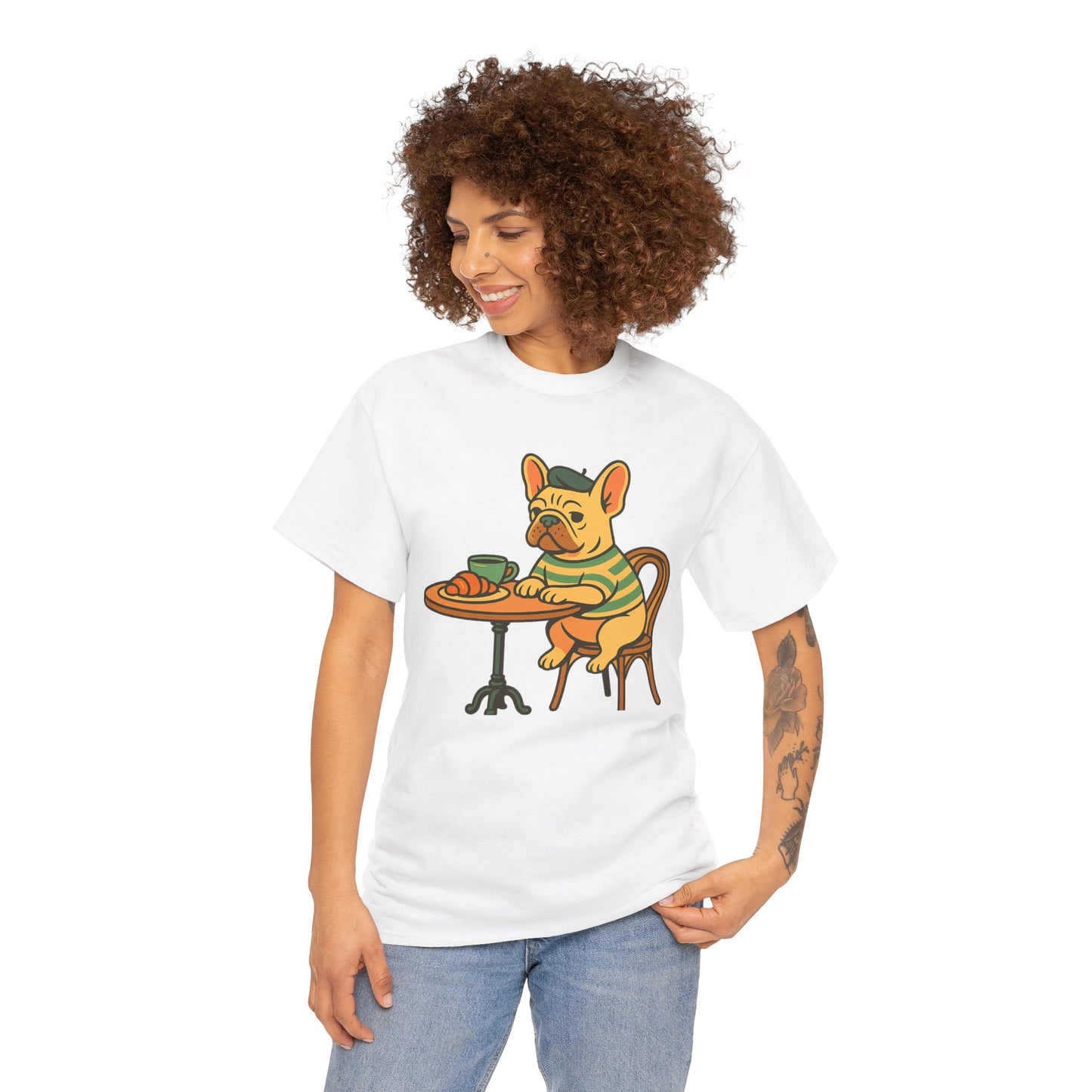 Bonjour Bark – French Bulldog Café Vibes, Vintage-Inspired Coffee Dog Tee, Perfect for Dog Lovers, Cafes, Birthdays, and Everyday Comfort, Unisex Cotton Shirt, Cute and Whimsical